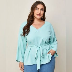 Shein Curve V-neck Drop Shoulder Belted Top Size 0XL